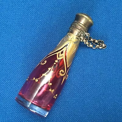 £165 • Buy Victorian Hand Painted Red Glass Perfume Bottle With Stopper Gilt Metal Top