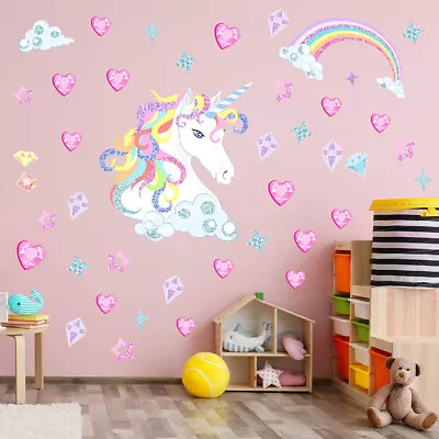 Fairy Unicorn Girls Wall Decals Rainbow Hearts Stickers Children Kids Art Decor • £6.59