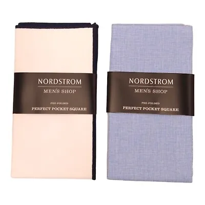 NORDSTROM Mens Shop 2 Pre Folded Pocket Square LOT Cotton Blue White MSRP $40 • $13.88