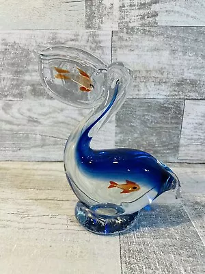 Murano Art Blown Glass Pelican With Gold Fish 7” Tall Blue And Orange Beautiful • $49.99