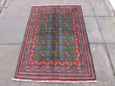 Vintage Traditional Hand Made Oriental Wool Green  Small Rug 150x104cm • £195