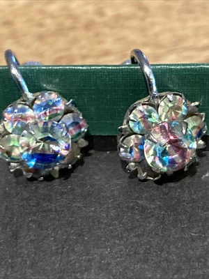 £3.99 • Buy Vintage Earrings Aurora Borealis Flower Rainbow Crystal, Screw Clip On Fastening