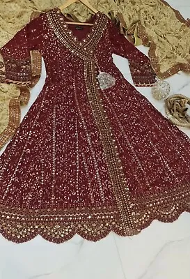 Stunning Asian Wedding Pakistani Maroon Zephyr Formal Dress - Large • £75