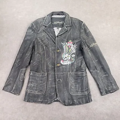 Ed Hardy Distressed Leather Jacket Womens Large Black NYC Christian Audigier • $79.99