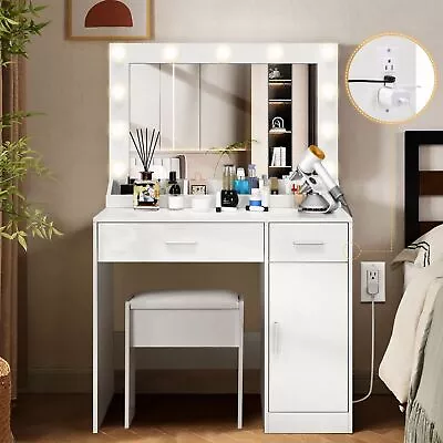 Vanity Desk With Lighted Mirror & Power Outlet White Makeup Vanity Desk+Drawers- • $168.99