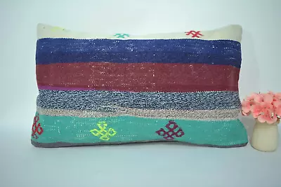 Turkish Handmade Lumbar Pillow Cover 12x20in Antique Multicolor Kilim Pillow • $35