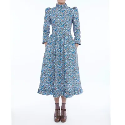 O Pioneers Clara Ruffled Floral Print Cotton Poplin Midi Dress Blue UK 6 US 4NEW • $325
