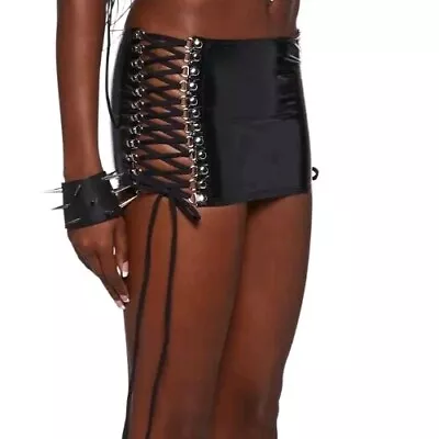 J Valentine HOLOGRAPHIC LACE UP MICRO MINI SKIRT DOLLS KILL L XL RAVE GOTH  • $40