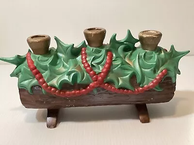 Vintage Christmas Log With 3 Candle Holders Red Beads & Green Holly Leaves • $24