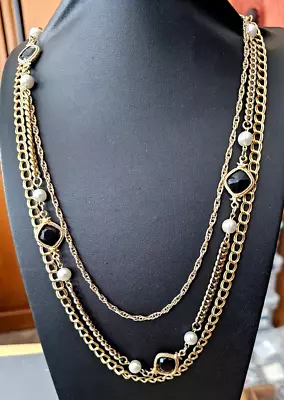 Vintage Multi Strand Gold Tone White And Black Bead Necklace  30  • $5