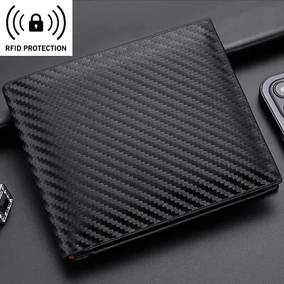 Men's Slim Wallet RFID Blocking Carbon Fiber Leather Bifold Card ID Holder • $8.98