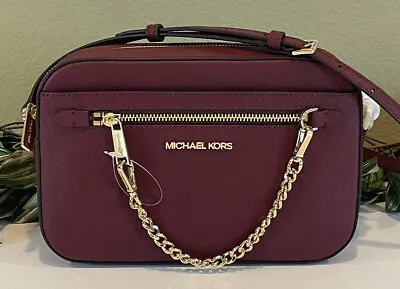 Michael Kors Jet Set Large Zip Chain Crossbody Bag Tote Mk Cherry Merlot Leather • $99.99