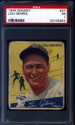 $3250 • Buy 1934 Goudey Lou Gehrig #37 (HOF) PSA 1 Baseball Card