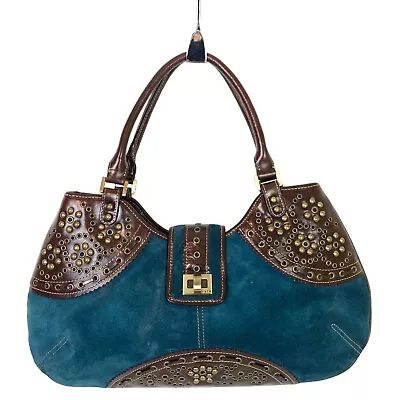 Rafe New York Shoulder Hobo Bag Blue Suede Brown Leather Studded Turn Lock EUC • $99.97