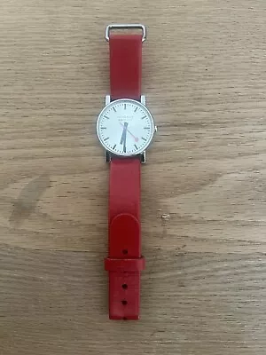 Mondaine Unisex Swiss Railway 35mm Watch Rare Silver Face Red Strap • $49.73