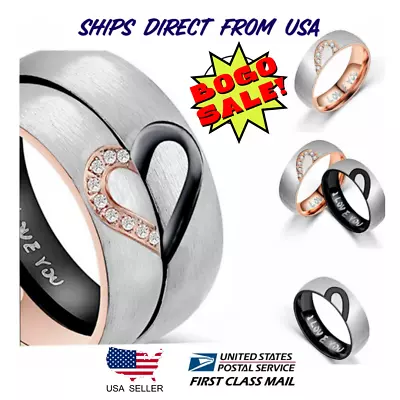  I Love You  Couple's Matching Wedding Bands Heart CZ Stone Promise Stainless  • $6.26