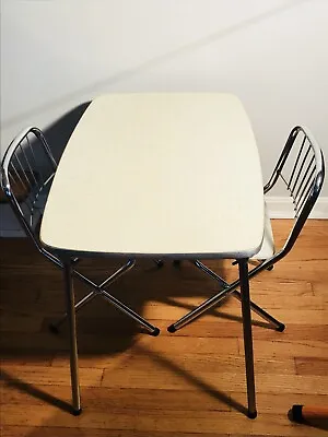 Vintage 1950s Childrens Table W/ 2 Chairs Cream Yellow Formica W/ Chrome • $474