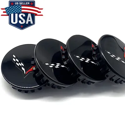 Set Of 4 Wheel Center Caps Gloss Black For Chevy Corvette C7 C6 Cross Flag 68mm • $18.99