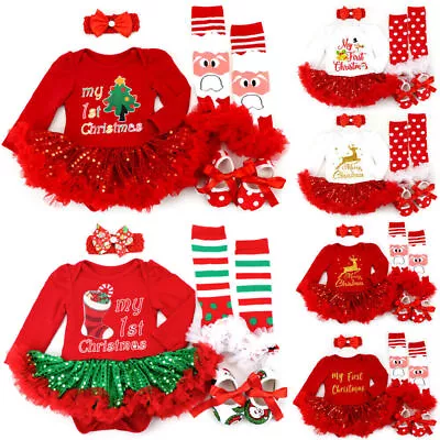 Baby Girls My First Christmas Outfits Infant Romper Tutu Dress Set Xmas Clothes • £17.02