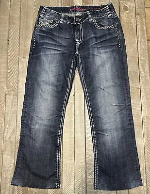 Rock And Roll Cowgirl Denim Blue Jeans Dark Wash Embellished Pockets Size 30X27 • $12.59