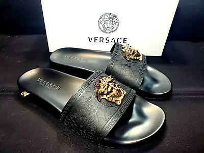 Men's Black Gold Versace Medusa Palazzo Sandals Slides Flip Flops • $229.99