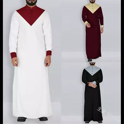 Men's Long Sleeve Muslim Clothing Saudi Jubba Arab Kaftan Thobe Long Dress Robe • $44.02