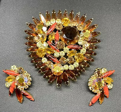 Huge Juliana D&E Jewelry Set Brooch & Earrings -Topaz AB Amber Rhinestones • $185