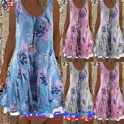 Womens Boho Floral Sleeveless Midi Dress Ladies Summer Holiday Beach Sundress US • $20.59