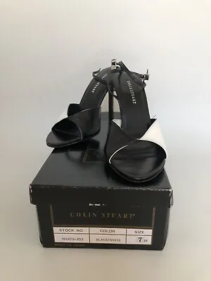 New In Box 4.5  High Heel Open Toe Ankle Strap Bk/Wh Sz 7 By Colin Stuart For VS • $16