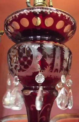 Antique Ruby Red Cut To Clear Glass Crystal Pendant Table Lamp • $125