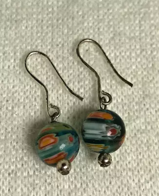 Millefiori Glass Bead Earrings - Sterling Wires - Greens Blues Burnt Orange - 1  • $19.99