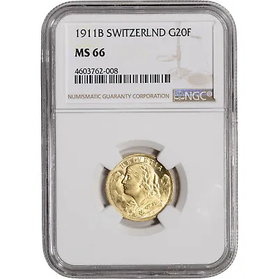 $827.88 • Buy 1911 B Switzerland Gold 20 Francs - NGC MS66