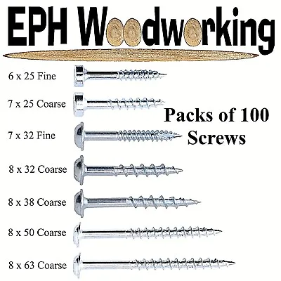 Pocket Hole Screws - Packs Of 100 In All Sizes And Threads - EPH Woodworking • £4.79