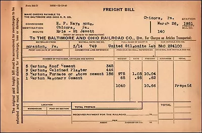 B&O Freight Bill Waybilled Scranton PA United Gilsonite Lab Erie - Mt. Jewett • $5.99