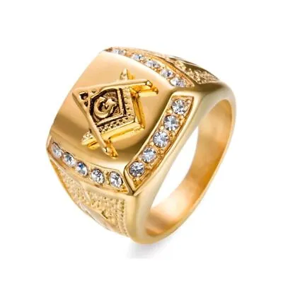 Casting Jewelry Stainless Steel Gold Crystal Men Freemasonry Masonic Rings 8-14 • $10.29