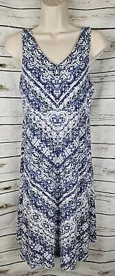 Athleta Blue Print Knit Dress M Micro Modal Sleeveless V-Neck Soft • $27.99