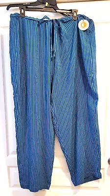 AMANDA SMITH II Striped 100% Silk Drawstring Pants 2X Blue W Turquoise NWT • $23.95