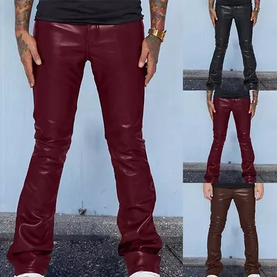 Mens Casual Faux Leather Pants Mid-Waist Slim Pants Retro Punk Hip Hop Trousers • $31.03