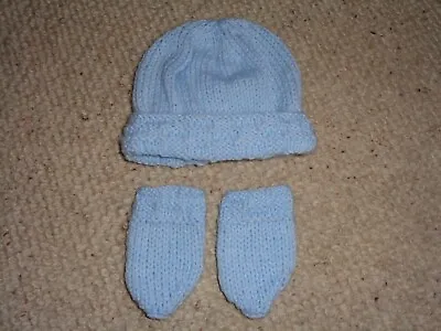 Hand Knitted Blue Baby / Dolls / Premature Baby Hat & Mittens • £1.50