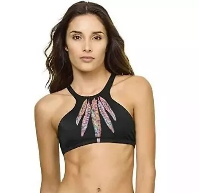 NWT Pilyq Vida Gypsy Halter D Cup Black Feathers Bikini Swim Top 116201 • $27