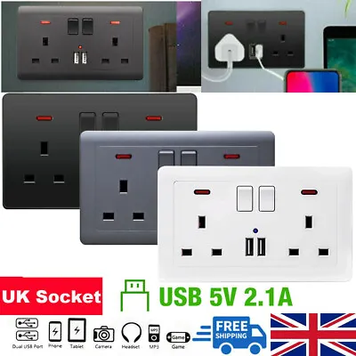 Double Wall Plug Socket 2 Gang 13A With 2 Charger USB Ports Outlets Flat Plate • £116.98