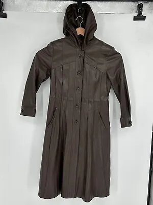 Vintage 70s Country Pacer  Brown Leather Hooded Trench Coat Women’s Sz 12 Rare! • $149.98