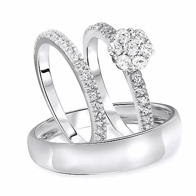 3/4 Carat T.W. Round Cut Diamond Matching Trio Wedding Ring Set 14K White Gold • $1666.33