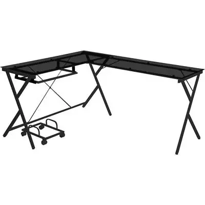 ACME Demas Glass Top L-Shaped Computer Desk With Computer Holder In Black • $389.31