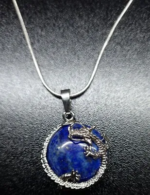 Lapis Lazuli Crystal Silver Dragon Pendant Necklace With Silver Chain - Boxed • £12.99