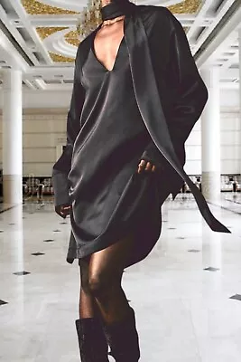 H&M Black Tie-detail Softly Draped Satin Dress Sz XS S M L XXL • $49.99