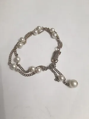 Vintage Faux Pearl Bracelet Double Strand Dangle Pearl Gold Tone CORO • $11.99