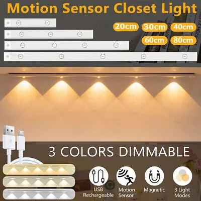 LED Motion Sensor Under Closet Light Magnetic Dimmable Cabinet Lamp USB Charging • £10.99