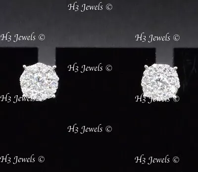 14k Solid White Gold Diamond  Stud Earring  Cluster 0.85 Ct  VS Quality • $1845.22