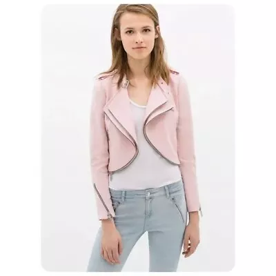 Zara Light Pink Zipper Crop Moto Jacket Sz Xs • $11.99